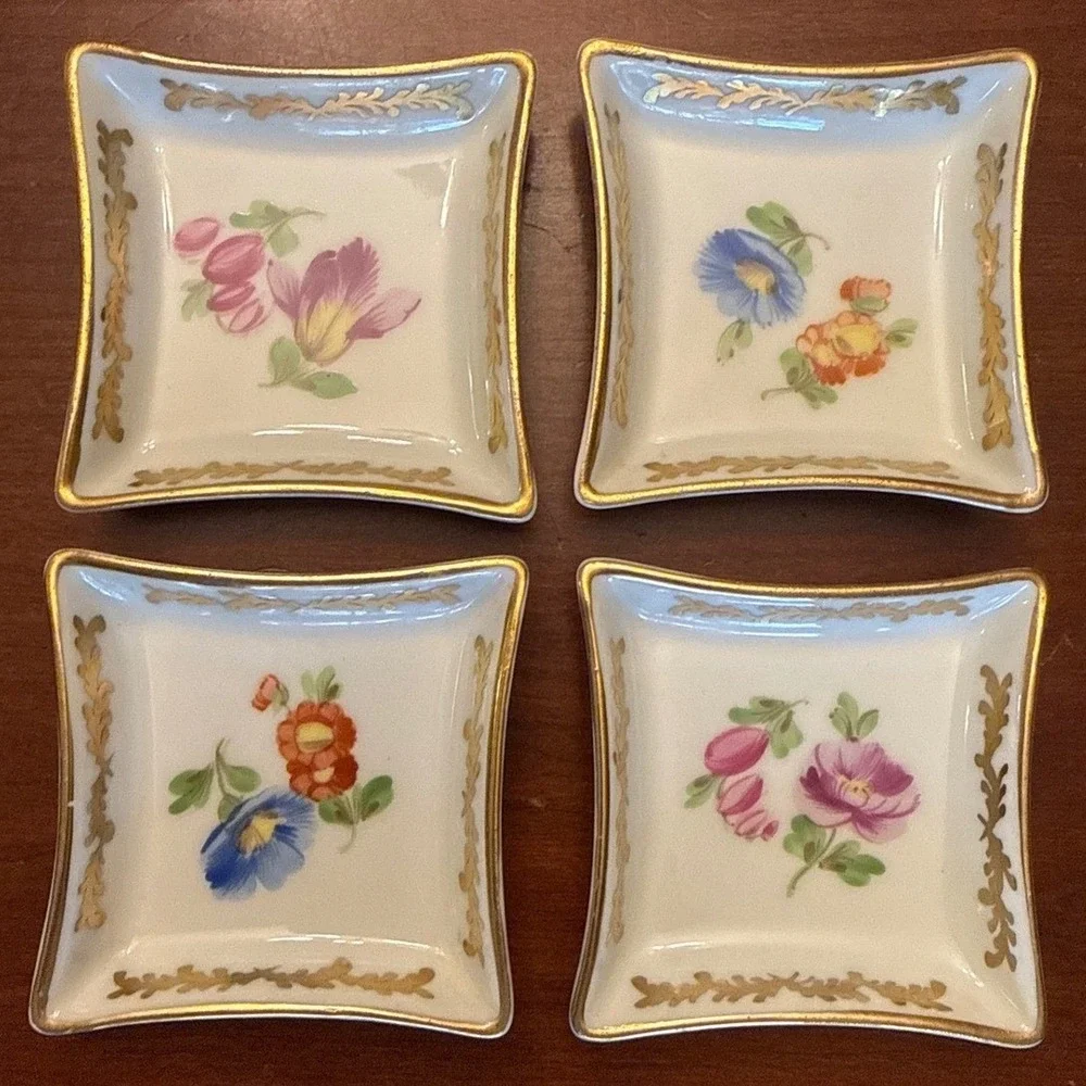 Dresden butter pat dishes set of 4 floral gold antique porcelain painted trinket